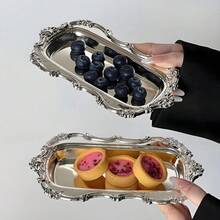 Bandeja vintage de acero inoxidable con plato postre con relieve, cara espejada, para almacenamiento de joyas y decoración del hogar - Plateado - Ver 12