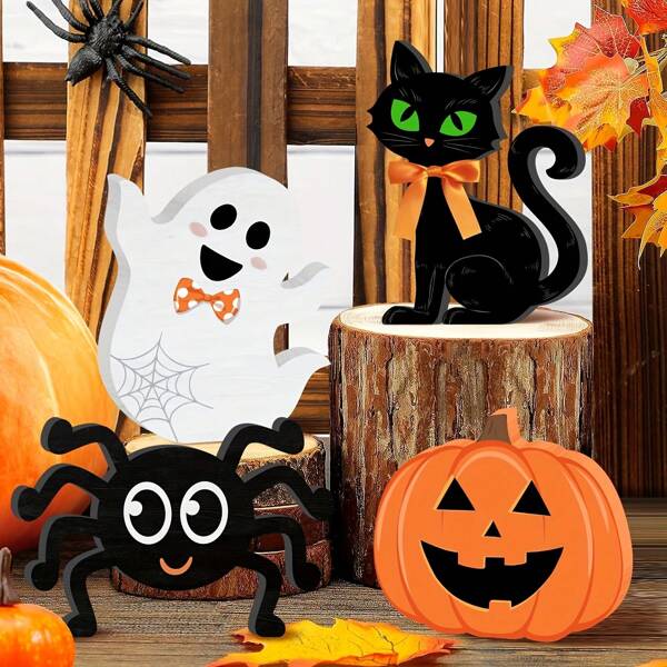 4 Pcs Halloween Wooden Decor Ornaments, Pumpkin, Ghost, Spider, Black Cat Elements, Suitable For Halloween Desktop Decoration. This Set Of Ornaments Are Designed As Pumpkin, Ghost, Spider And Black Cat, Full Of Holiday Atmosphere. As A Desktop Decoration, It Can Add A Mysterious And Joyful Atmosphere To The Halloween Party, And It Is The Ideal Choice For Creating A Holiday Scene, Allowing Guests To Immerse Themselves In The Magical Halloween Atmosphere And Enhance The Decoration Style Of The Party.