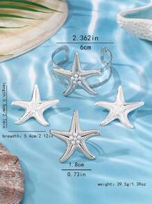 1 set de bracelet ouvert avec pendentif étoile de mer, bague avec pendentif étoile de mer et boucles d'oreilles avec pendentif étoile de mer. Style de station balnéaire européen et américain. Ensemble de bracelets, bagues et boucles d'oreilles pour femmes
