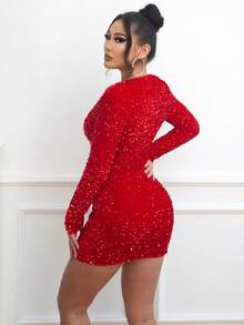 Joyfunear 女式时尚性感亮片紧身迷你连衣裙 - 紅色 - 查看 4