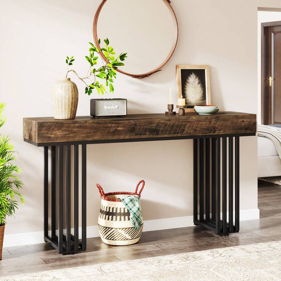 Tribesigns 55" Console Table For Living Room, Industrial Hallway Table With Stylish Metal Frame, Sofa Table For Hallway, Entryway, Foyer, Brown - Brown - View 1