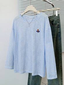 Blue Striped Long Sleeve Lightweight Sun Protection T-Shirt With Embroidery Detail, Loose Relaxed Fit Coverup