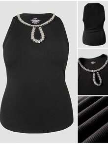 ChicMe Plus Size Women Rhinestone Hollow Out Round Neck Sleeveless Tank Top Ribbed Top Casual Comfy Basic Top For Daily Date Wear