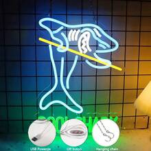 Polished Metal Finish Neon Sign - Pool Shark Billiards Game Room Wall Decor, USB Powered, Switch Controlled, Plastic, Azure & Green Light For Pub, Club, Garage – Multipurpose Hanging Neon Bar Light