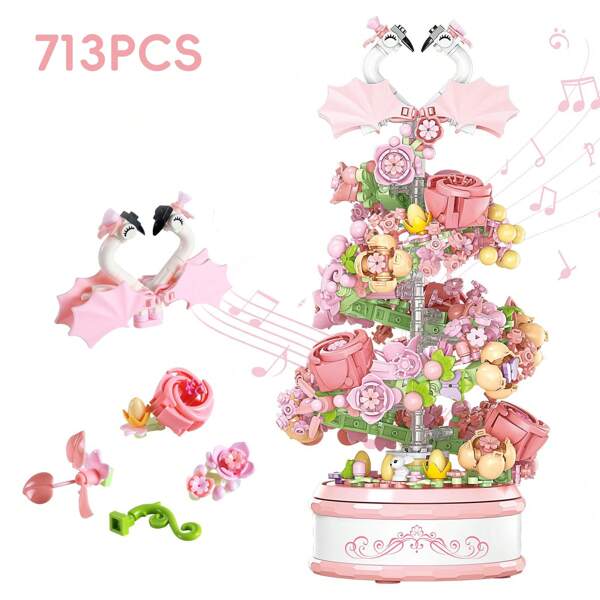 Beleuchteter Blumen Musikbox Baukasten - 713 Teile dekorative Musik Spieluhr Baukasten Set, Pflanzen Serie Muttertag, Valentinstag und Geburtstaggeschenk, geeignet für Erwachsene zum Zusammenbauen