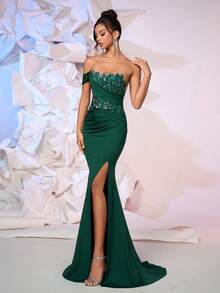 Đầm dạ hội đuôi cá hở lưng đính cườm hoa thanh lịch dành cho quý cô, thích hợp cho dạ hội, khách dự tiệc cưới, tiệc tùng - Màu xanh lá cây đậm - Xem 5