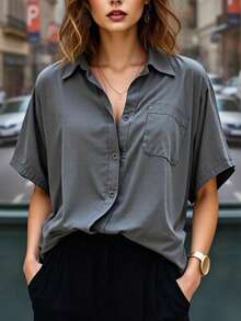 Women's Simple Short Sleeve Shirt, Casual Summer Holiday Wear - Grey - View 5