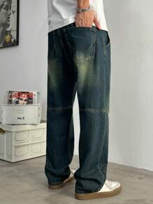 Jeans rectos holgados con lavado vintage para hombres, de moda y versátiles