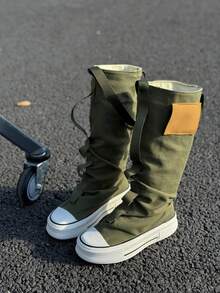 Fall/Winter Niche Design Graffiti Buckle High-Top Shoes Women 2025 Spring New Versatile Sneakers, Pantleg Piling-Up Short Boots - Green - View 9