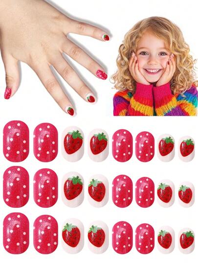 NAIO 24 st lösnaglar för barn, flickor, korta lösnaglar, söta, förlimmade, heltäckande akrylnageltippar, set, lämpliga för barn, små flickor, nageldekoration (jordgubbsflicka)