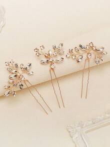 3件套水晶婚礼发饰套装，手工水钻新娘发夹，伴娘发饰 - 金色 - 查看 7
