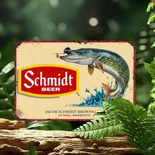 [1pc Schmidt Beer Vintage Sign] Schmidt Beer 1pc Vintage Metal Metal Tin Sign 12"X8" | UV Printed Retro Wall Art With Leaping Fish Design, Rustic Indoor/Outdoor Decor For Home, Bar, Cafe, Office | Durable Weather-Resistant, No Electricity Needed, Metal Wall Decor, Cafe Decoration, Weatherresistant Sign - Vintage - View 1