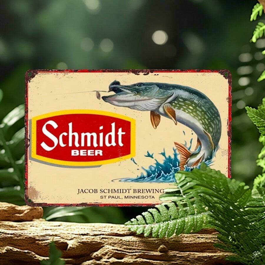 [1pc Schmidt Beer Vintage Sign] Schmidt Beer 1pc Vintage Metal Metal Tin Sign 12"X8" | UV Printed Retro Wall Art With Leaping Fish Design, Rustic Indoor/Outdoor Decor For Home, Bar, Cafe, Office | Durable Weather-Resistant, No Electricity Needed, Metal Wall Decor, Cafe Decoration, Weatherresistant Sign - Vintage - View 1