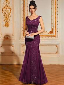 MIUSOL 心形领撞色亮片蕾丝网眼鱼尾下摆晚会修身长裙优雅正式婚礼宾客礼服，适合毕业典礼、晚宴 - 紫紅色 - 查看 6