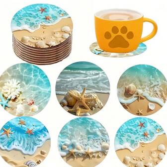 6-Piece Set Of Coastal Landscape Wooden Coasters - Heat-Resistant, Suitable For Coffee And Tea Cups, Perfect For Home And Cafe Use
