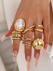 6 件超大金色交叉粗戒指套装，时尚简约圆顶戒指，女士个性戒指，仿巴洛克珍珠装饰戒指首饰适合日常佩戴、度假。