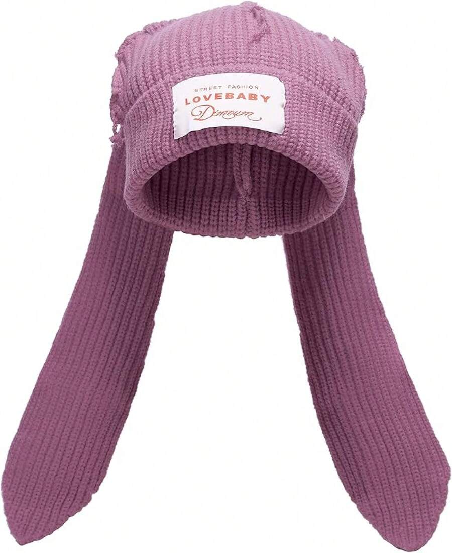 Knit Hats Cute Bunny Long Ears Funny Hat Fluffy Winter Warm Knit Rabbit Crochet Skull Outdoor Slouchy Hathalloween - 紫色 - 查看 1