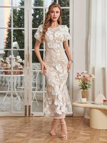 Women's Floral Embroidery Maxi Dress Wedding Guest Dress Evening Party Dress - 白色 - 查看 3
