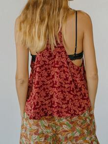 Women Summer Sleeveless Round Neck Tank Tops Vintage Floral Print Asymmetrical Hem Vest Shirts - Màu đỏ tím - Xem 2