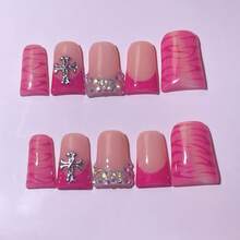 Red Fantasy Y2K Duck Nails Short Press-On Acrylic Nails, 10 Pcs Handmade 2025 Summer Gradient Pink Nails Embellished With Tiger-Stripe Patterns,Silver Cross For Party, Wedding, Holiday & Daily Wear-Reusable Gel Acrylic, Easy Application With Jelly Glue Set Included - 玫紅色 - 查看 7
