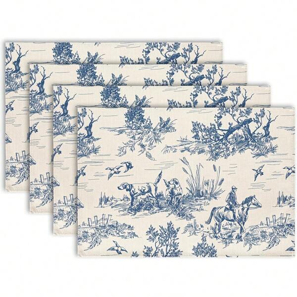 4/6pcs/Set Country Style Printed Placemats, Rustic Hunting Landscape Farmhouse Decorative Table Mats, Suitable For Home Kitchen Dining Table Decor, 12" X 18"