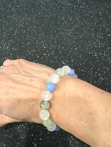 YAUKIA 1 件极其罕见的蓝色霰石和葡萄石串珠手链，能量、镇静、治愈脉轮手链 - 夜光宝石手链首饰 - 彩色 - 查看 4