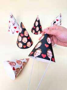1pc/5pcs/10pcs Personalized Face Photo Party Hats – Custom Heart Design Paper Cone Birthday Caps, Birthday Party Hats,Bachelorette Party Hats,Personalized Halloween Party Cap, Party Hat - Multicolor - View 5