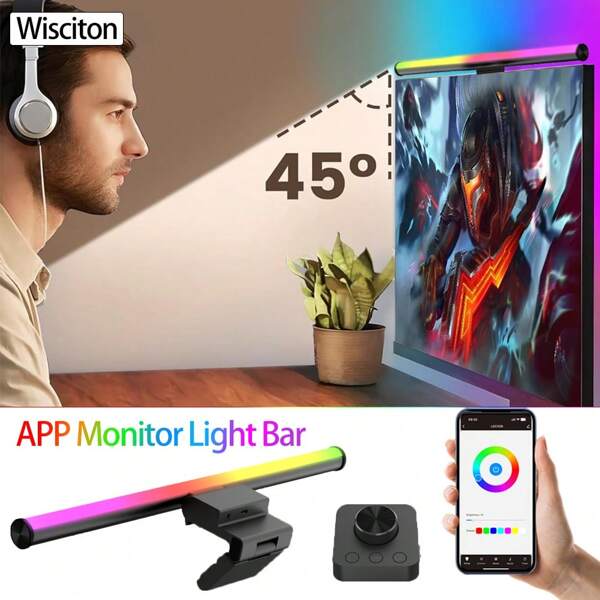 Wisciton Barra de luz LED RGB para monitor APP, barra de luz colgante para monitor con regulación sin escalonamiento para trabajo, juego, aprendizaje y lámpara de ambiente