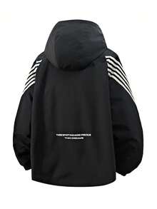 Plus Size Hooded Jacket Outer, Striped Tape Patchwork Casual Jacket, Suitable For Autumn/Winter - Black - View 2