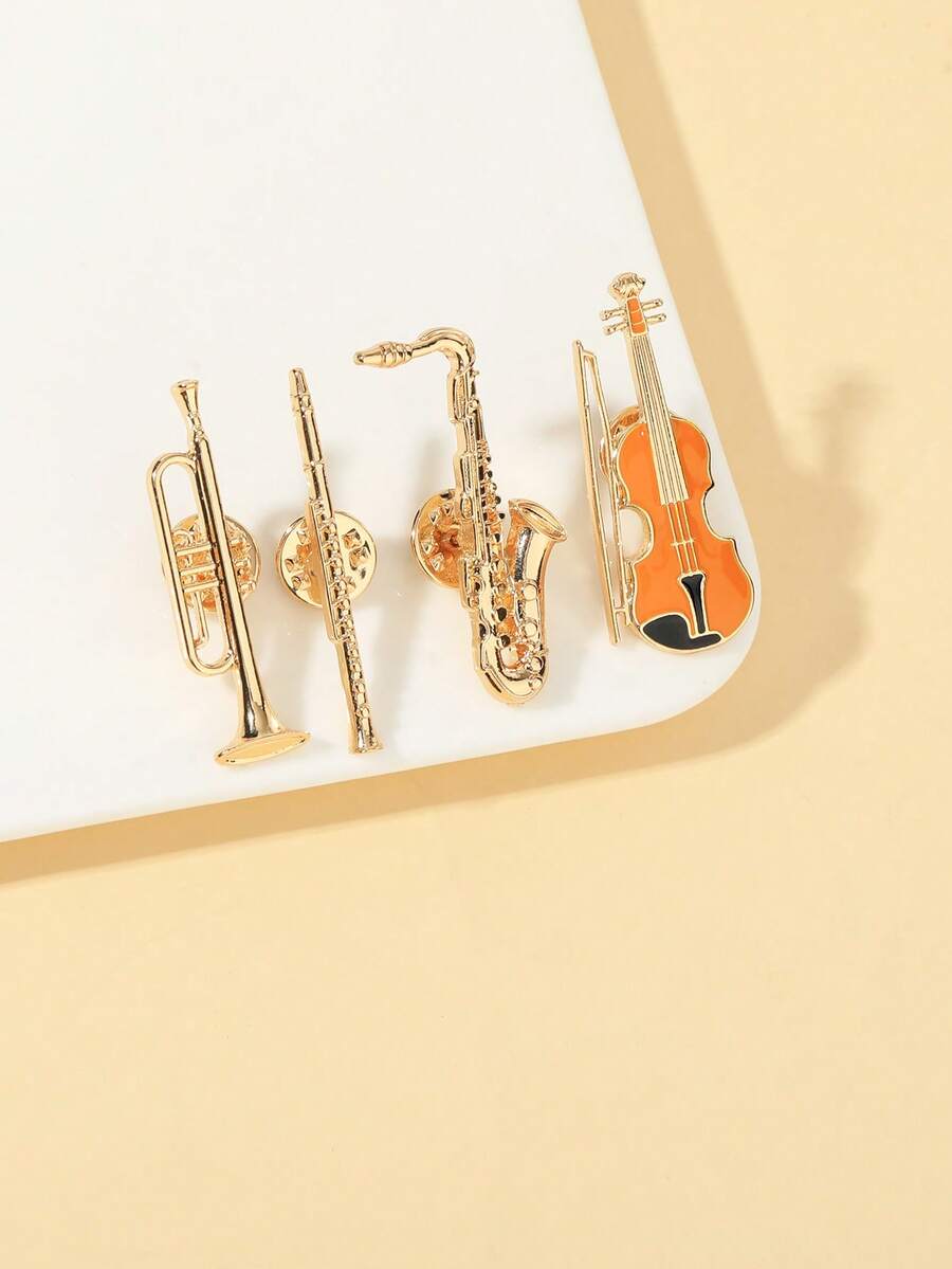 1/4 Peças Broche Série de Instrumentos Musicais Criativos em Formato de Violino e Flauta de Desenho Animado, Acessório de Vestuário Broche de Gota de Óleo de Liga, Decoração de Bolsa, Pinos Divertidos, Emblema de Pino para Escola