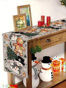 1 件 35 * 180 厘米/13.78 * 70.87 英寸姜饼人和雪人圣诞涤纶桌布，可爱节日装饰桌布，适合家庭餐桌、厨房、圣诞装饰
