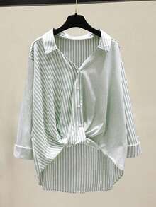 Camisa feminina casual de férias listrada patchwork de algodão bainha dobrada punho frontal costas curtas estilo longo manga comprida, primavera/verão - Verde - Ver 3