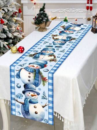 1 adet 35*180cm/13.78*70.87 inç Noel Mavi Polyester Masa Örtüsü, Kardan Adam Desenli Dekoratif Masa Örtüsü, Tekrar Kullanılabilir, Ev Dekor Kumaşı, Aile Toplantıları İçin Uygun, Yemek Masası, Sehpa Tatil Dekorasyonu Temel