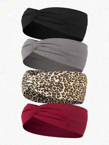 4件套时尚百搭豹纹扭结发带发饰时尚头巾，适合上学、大学秋季配饰，女士发带秋冬度假装扮优雅围巾女士头巾柔软头巾