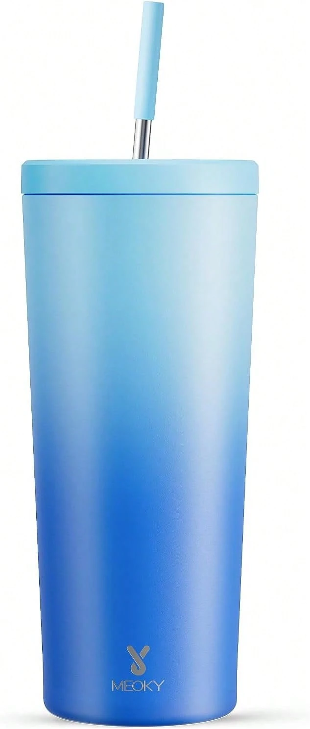 24 Oz Insulated Tumbler With Lid And Straw, Stainless Steel Vacuum Insulated Tumbler, Keeps Cold For 24 Hours, 100% Leak Proof, Fits In Car Cup Holder (Kiss) - 天空 - 查看 1