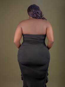 CurvyTilda 加大长款夏季连衣裙 荷叶边饰边褶饰侧边抹胸紧身连衣裙 - 黑色 - 查看 6