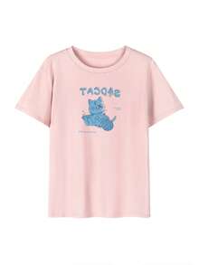 Women's T-Shirt, Short Sleeves, Round Head, Summer, Simple, 100% Cotton, Blue Cat Design - 粉色 - 查看 2