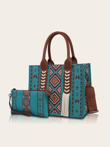 2pcs Bohemian Retro Set Including Women Tote Bag With Tassel & Wallet - Turquoise - View 5