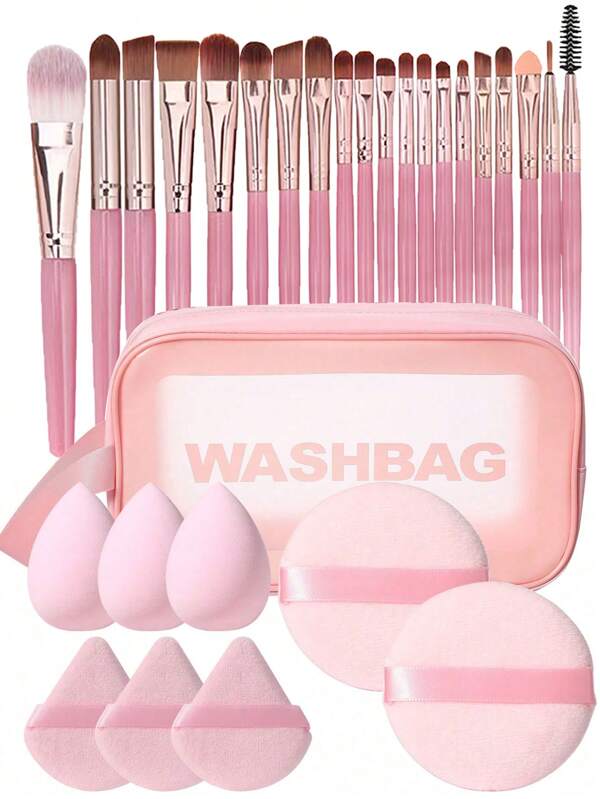 29/8/1 Pcs Makeup Brushes Set Includes 20 Pieces With Powder Blush Highlighter Eye Shadow Eyeliner Contour Brushes,3 Pcs Triangle Sponge Puff For Loose Powder & Foundation, 3Pcs Makeup Blender Sponges, 1 Pc Waterproof Cosmetic Bag For Storage