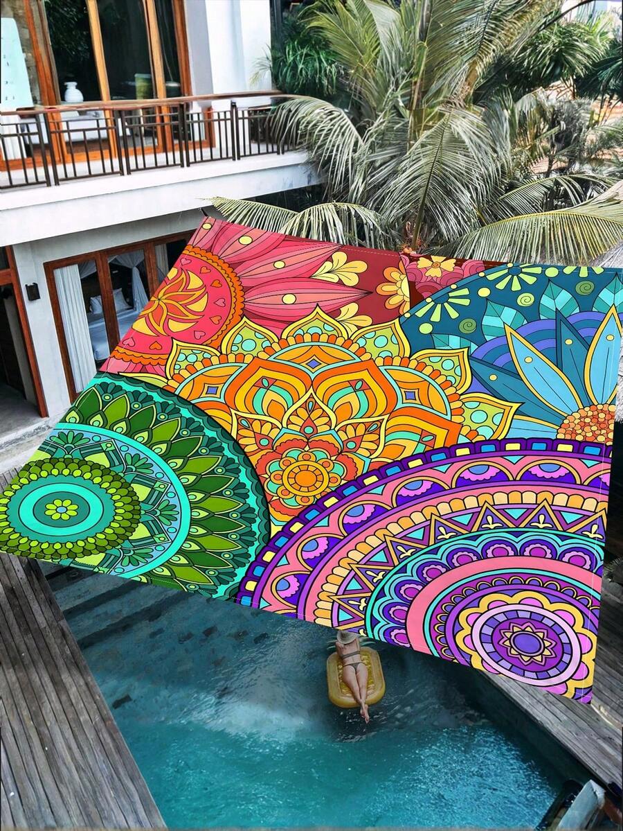 1pc Outdoor Thickened Waterproof Sunscreen Ombre Mandala Pattern Bohemian Style Outdoor Garden Patio Canopy Beach Sunshade, Comes With Ropes (Excluding Frames) - Multicolor - View 1