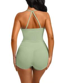 1 Pack Summer Women's Open Back Tracksuit Set Camisole Top High Waist Yoga Shorts Quick Dry Set Is Suitable For Holidays, Travel Work, Sports Wear - 綠色 - 查看 3