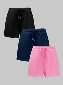 Set de 3 pantalones cortos deportivos de cintura elástica de unicolor - Rosa - Ver 3