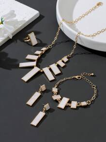 1 Set - 1 pieza Collar con colgante geométrico asimétrico blanco, 1 pieza Pulsera, 1 pieza Anillo, 1 pieza de Aretes de botón, Conjunto de Joyería para Mujer