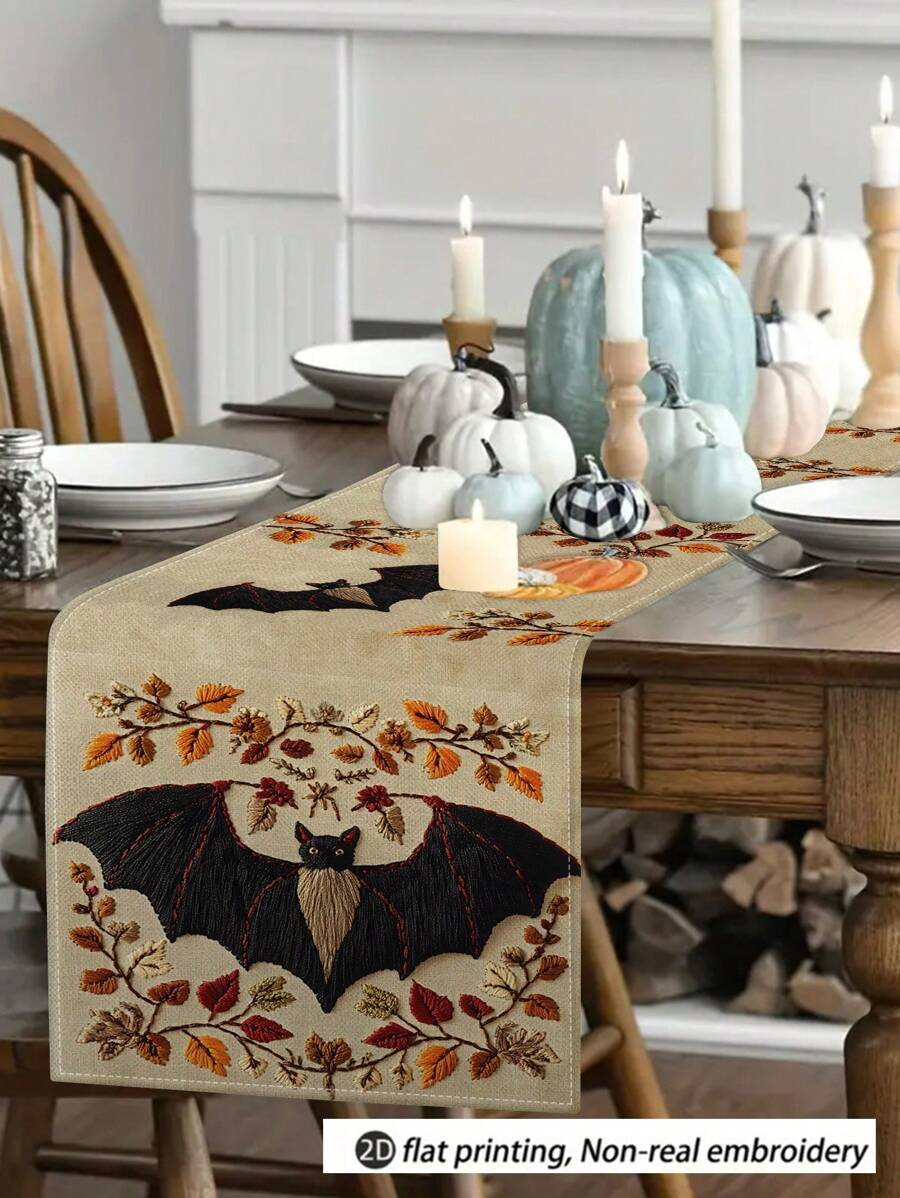 Drapeaux de table Halloween motif chauve-souris, lot de 1 pièce ou 10, pour la fête des récoltes, décoration saisonnière, style campagnard, tissu aspect lin, 33 x 91 cm, 33 x 183 cm, 33 x 274 cm, 3 tailles disponibles, décoration de fête intérieure et extérieure, thème citrouille, décoration de chambre. Idéal pour la décoration de la cuisine et des événements.