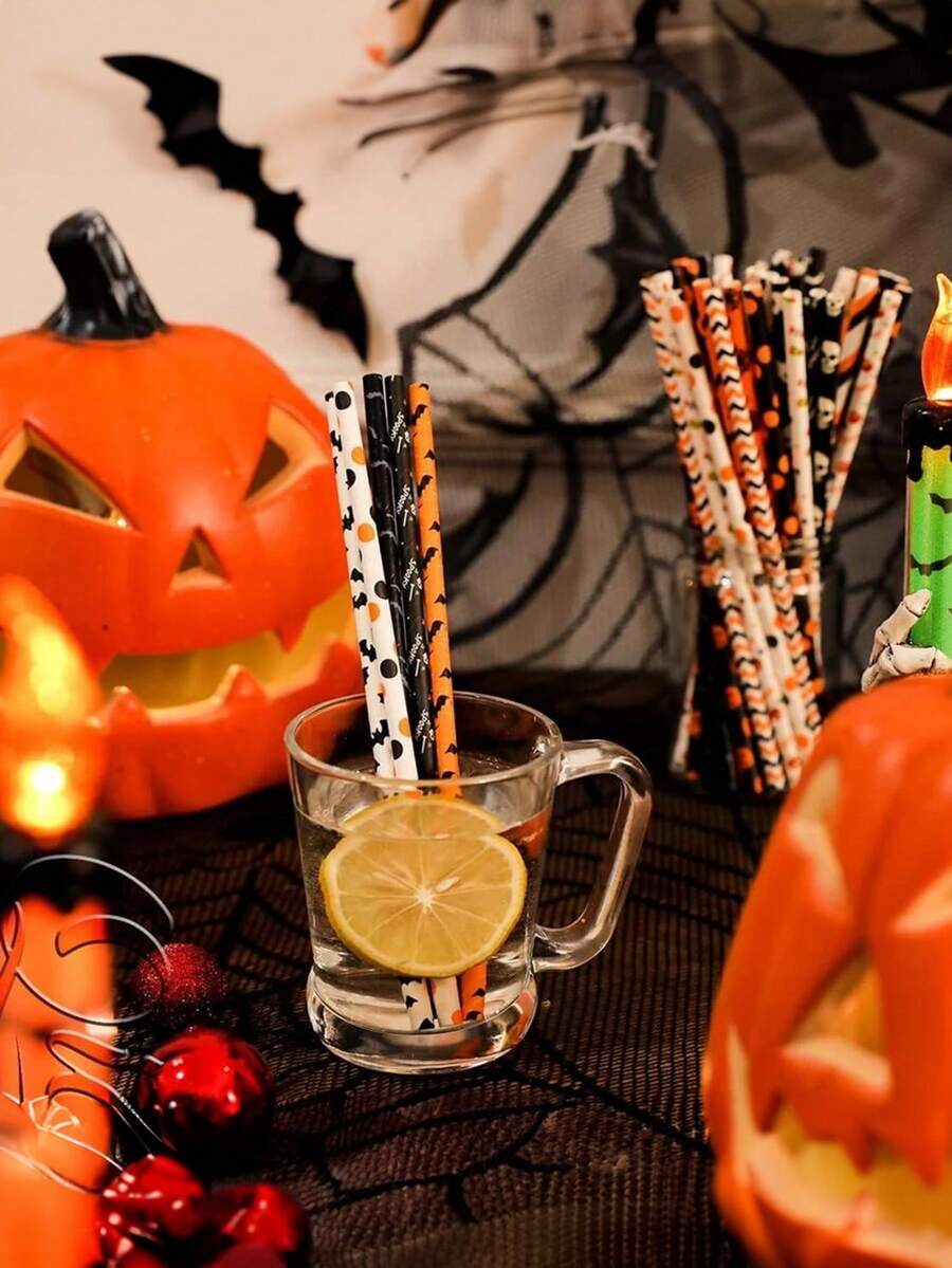 15pcs Halloween Paper Straws - Spooky Party Straws , Featuring Festive Halloween Designs Like Ghosts, Skulls, Pumpkins And Bats! Cocktail Decorations, Themed Desserts And Spooky Beverage Presentations. - Multicolor - View 1