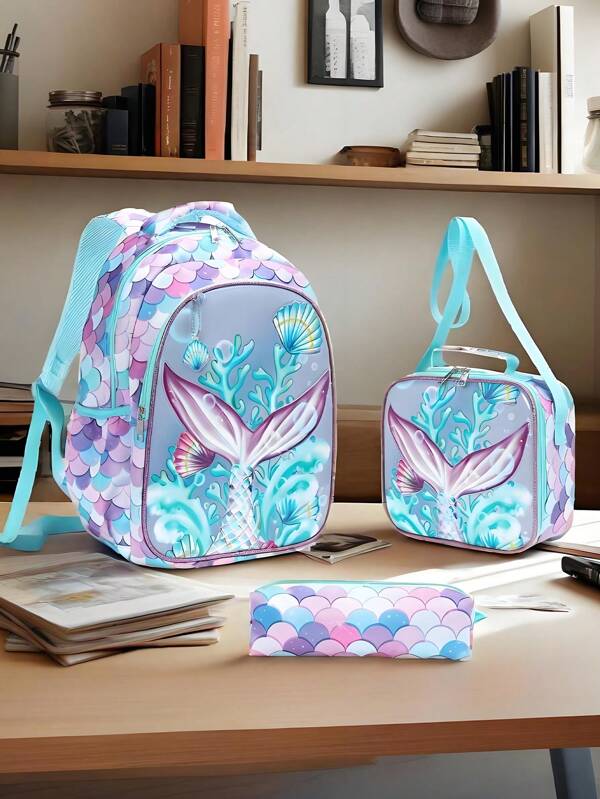 Butterfly & Mermaid Tail 3-In-1 Backpack Set, Includes Backpack, Insulated Lunch Bag, And Pencil Case. Large Capacity Backpack, Reusable Insulated Lunch Bag, Suitable For Shopping, Travel, Outdoor, Sports, Back To School, Unisex