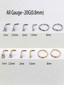 6-12 件鼻环鼻钉 20G L 形鼻钉 1.5 毫米 2 毫米 2.5 毫米 4 毫米方晶锆石小号银金防过敏鼻环饰品男士 - 鼻釘 - 查看 3