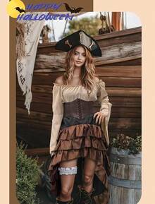 Costume Women Outfit With Renaissance Shirt Skirt Corset Waist Belt Womens Halloween Costumes (White+Red, S) - 米色+棕色 - 查看 8
