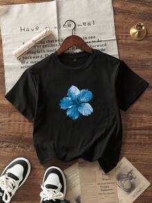Tween Girls Casual Print Black Round Neck Short Sleeve T-Shirt, Summer Top - Black - View 1