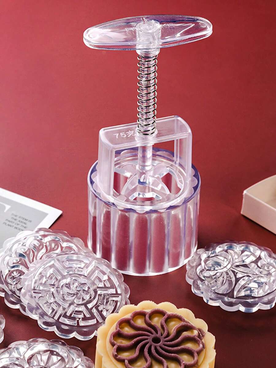 5pcs/Set Embossed Mooncake Mold, Handpress Style, For Sweet Potato, Yam Cake, Bean Paste Cake, Baking Tool, 75-83g - Purple - View 1